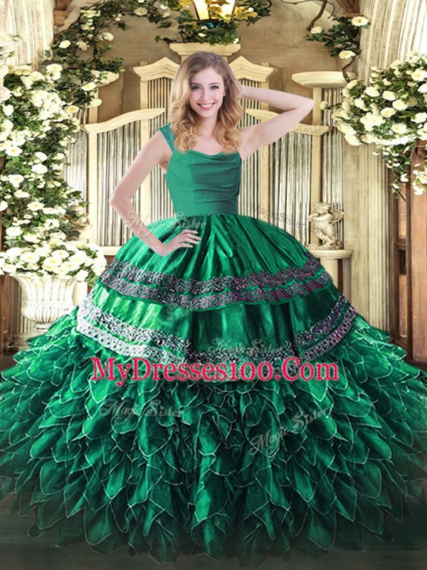 Hot Selling Turquoise Zipper Straps Appliques and Ruffles Ball Gown Prom Dress Organza Sleeveless