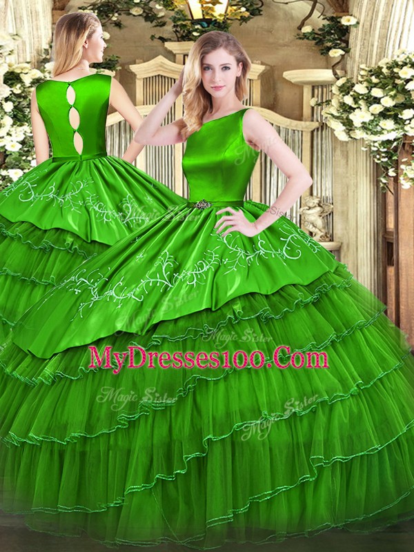 Sleeveless Clasp Handle Floor Length Embroidery and Ruffled Layers Sweet 16 Dress