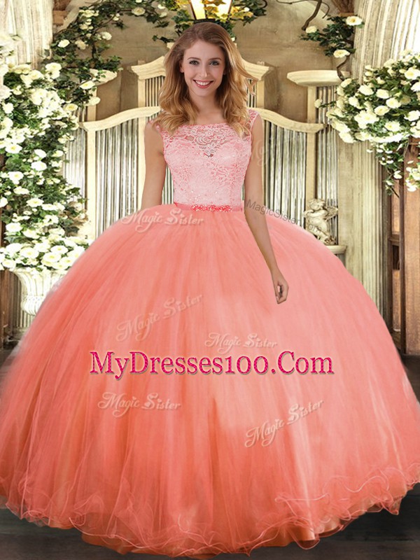 Elegant Sleeveless Tulle Floor Length Clasp Handle Sweet 16 Quinceanera Dress in Orange Red with Lace