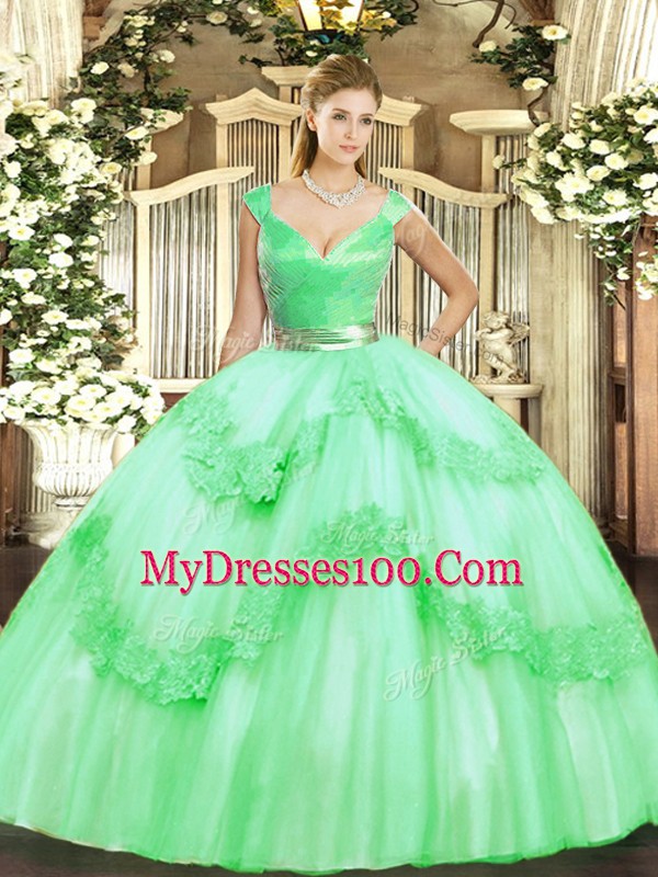 Colorful Apple Green Ball Gowns Tulle V-neck Sleeveless Beading and Appliques Floor Length Zipper Quinceanera Gowns