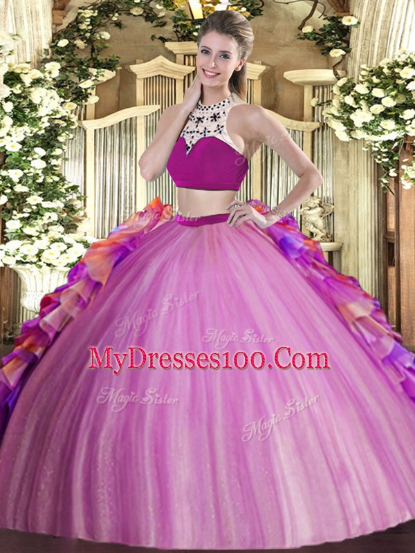 Hot Sale Lilac Tulle Backless High-neck Sleeveless Floor Length Quinceanera Dresses Beading and Ruffles