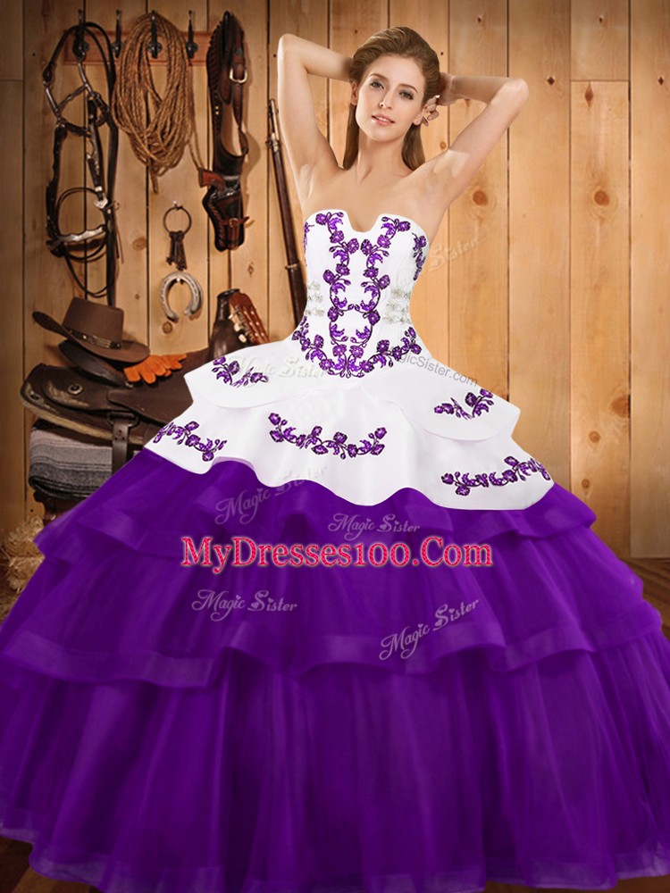 Custom Design Sleeveless Sweep Train Lace Up Embroidery and Ruffled Layers Vestidos de Quinceanera