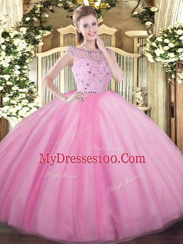 Bateau Sleeveless Quince Ball Gowns Floor Length Beading Rose Pink Tulle