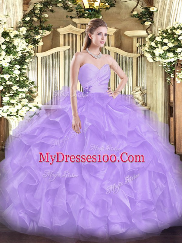 Lavender Organza Lace Up Quince Ball Gowns Sleeveless Floor Length Beading and Ruffles