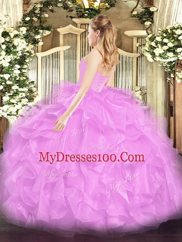 Lavender Organza Lace Up Quince Ball Gowns Sleeveless Floor Length Beading and Ruffles