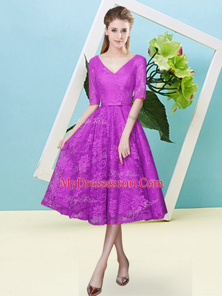 Glittering Fuchsia Empire Lace V-neck Half Sleeves Bowknot Tea Length Lace Up Dama Dress for Quinceanera