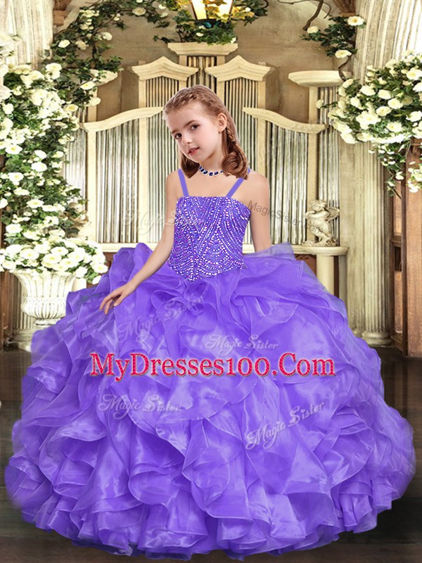 Lavender Ball Gowns Straps Sleeveless Organza Floor Length Lace Up Beading and Ruffles Little Girls Pageant Dress