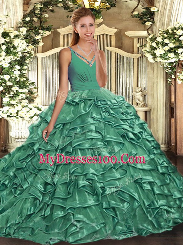 Taffeta V-neck Sleeveless Backless Beading and Ruffles Quinceanera Gown in Green