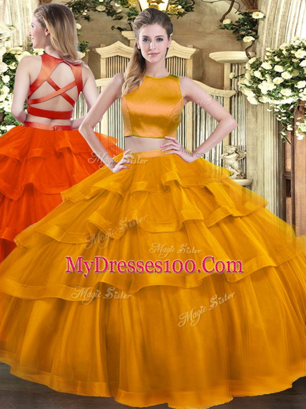 Sleeveless Floor Length Ruffled Layers Criss Cross Quince Ball Gowns with Rust Red