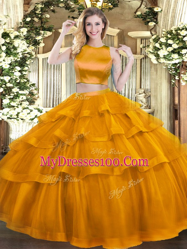 Sleeveless Floor Length Ruffled Layers Criss Cross Quince Ball Gowns with Rust Red