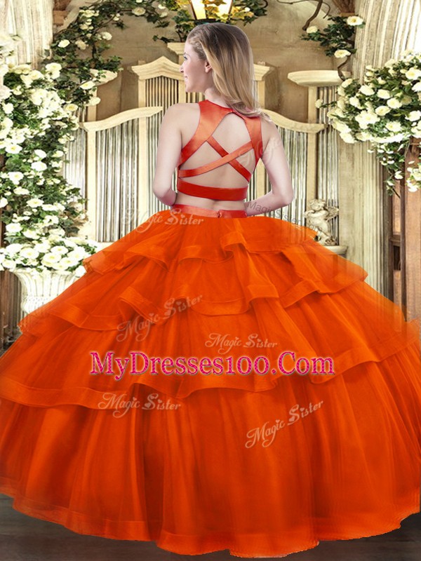 Sleeveless Floor Length Ruffled Layers Criss Cross Quince Ball Gowns with Rust Red