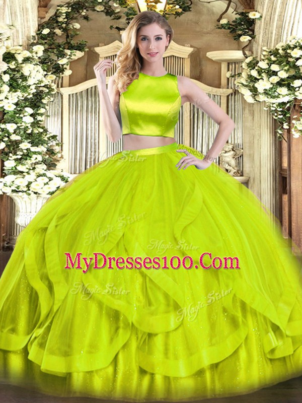 Custom Fit Floor Length Criss Cross Quinceanera Gown Yellow Green for Military Ball and Sweet 16 and Quinceanera with Ruffles