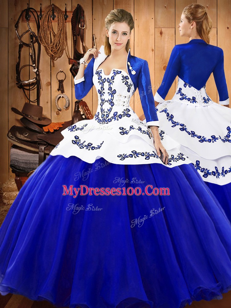 Latest Royal Blue Strapless Neckline Embroidery Vestidos de Quinceanera with Jacket Sleeveless Lace Up