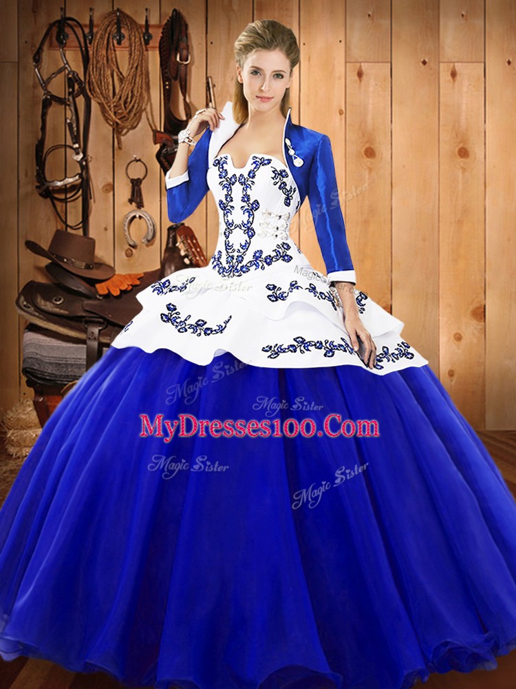Latest Royal Blue Strapless Neckline Embroidery Vestidos de Quinceanera with Jacket Sleeveless Lace Up