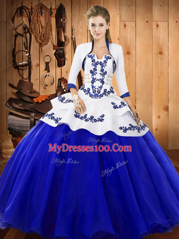 Latest Royal Blue Strapless Neckline Embroidery Vestidos de Quinceanera with Jacket Sleeveless Lace Up