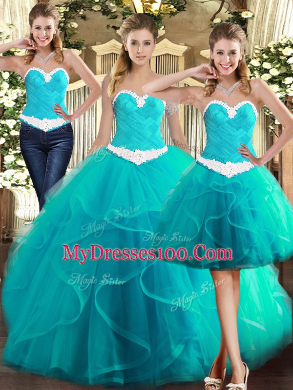 Turquoise Ball Gowns Ruffles Sweet 16 Dress Lace Up Tulle Sleeveless Floor Length