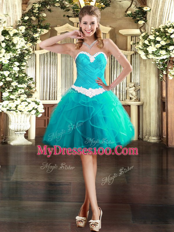 Turquoise Ball Gowns Ruffles Sweet 16 Dress Lace Up Tulle Sleeveless Floor Length