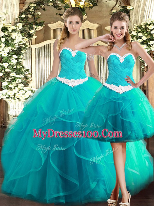 Turquoise Ball Gowns Ruffles Sweet 16 Dress Lace Up Tulle Sleeveless Floor Length