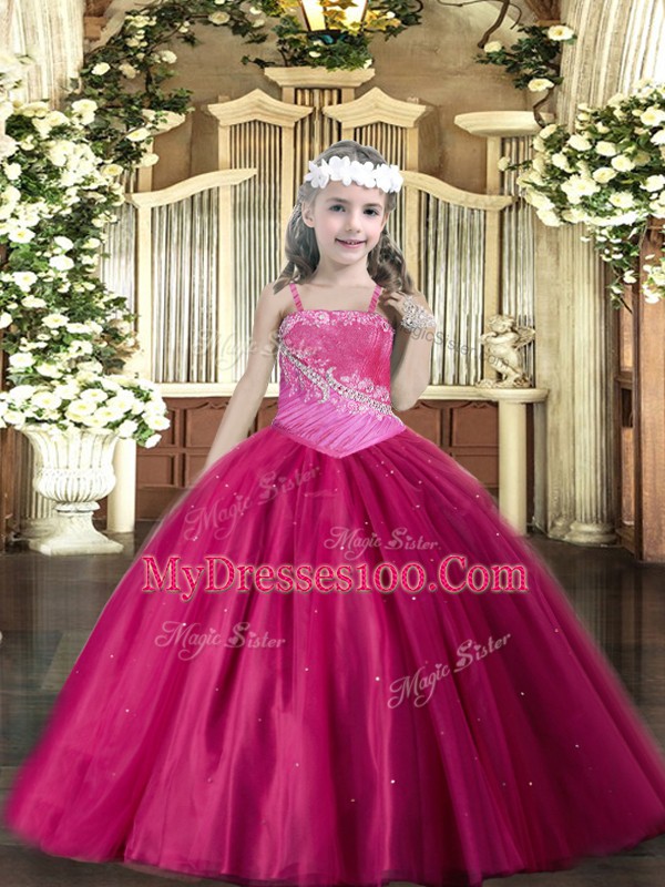 Top Selling Tulle Straps Sleeveless Lace Up Beading Pageant Dress in Fuchsia