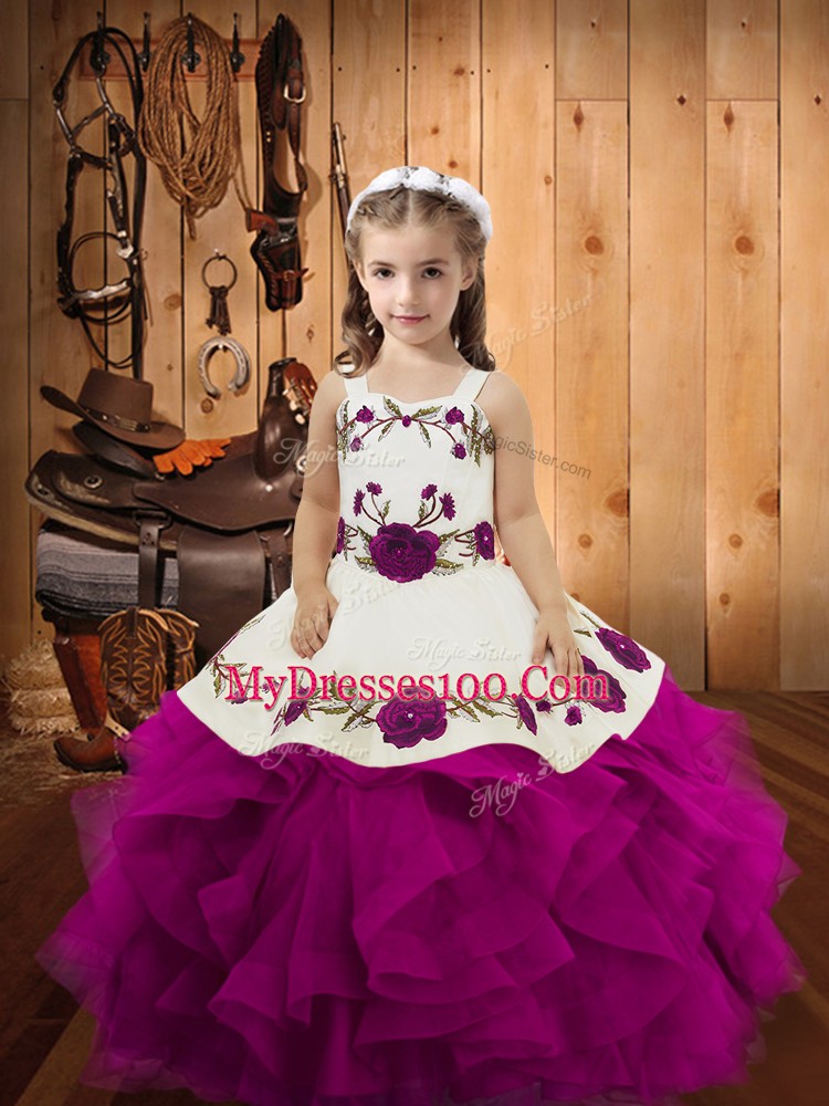 Hot Sale Sleeveless Floor Length Embroidery and Ruffles Lace Up Little Girls Pageant Gowns with Purple