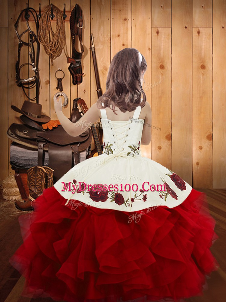 Hot Sale Sleeveless Floor Length Embroidery and Ruffles Lace Up Little Girls Pageant Gowns with Purple
