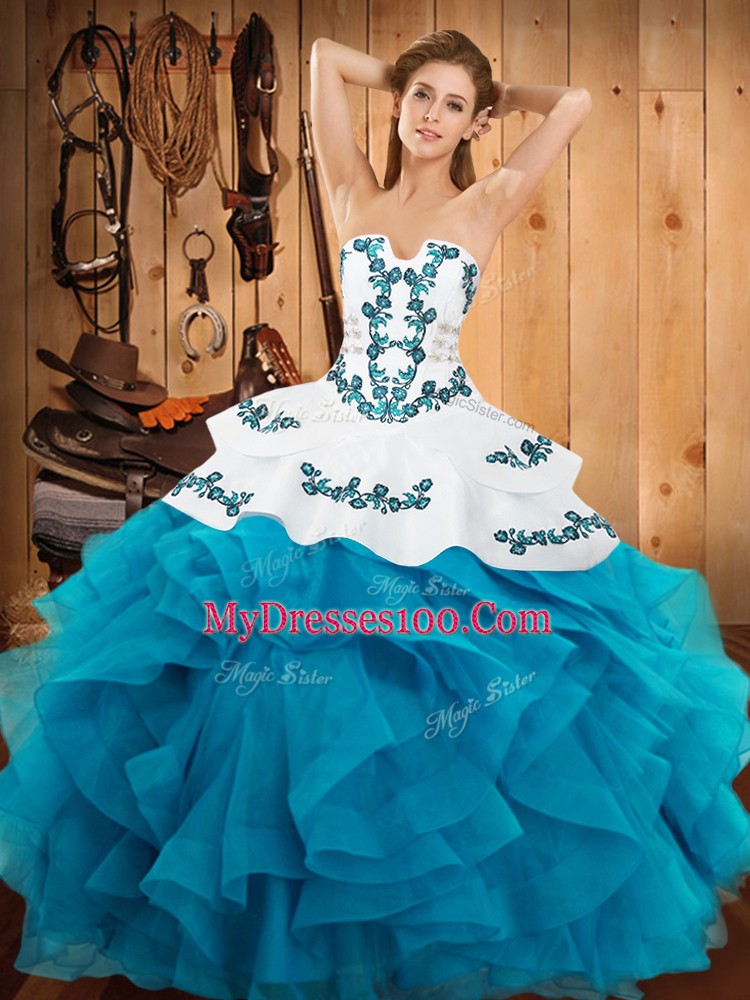 Sleeveless Satin and Organza Floor Length Lace Up Vestidos de Quinceanera in Teal with Embroidery and Ruffles