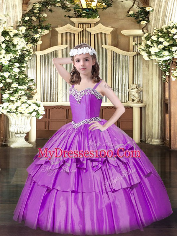 Customized Lilac Sleeveless Floor Length Beading and Ruffled Layers Lace Up Kids Pageant Dress