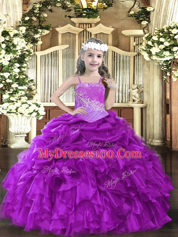 Purple Lace Up Child Pageant Dress Beading and Ruffles Sleeveless Floor Length