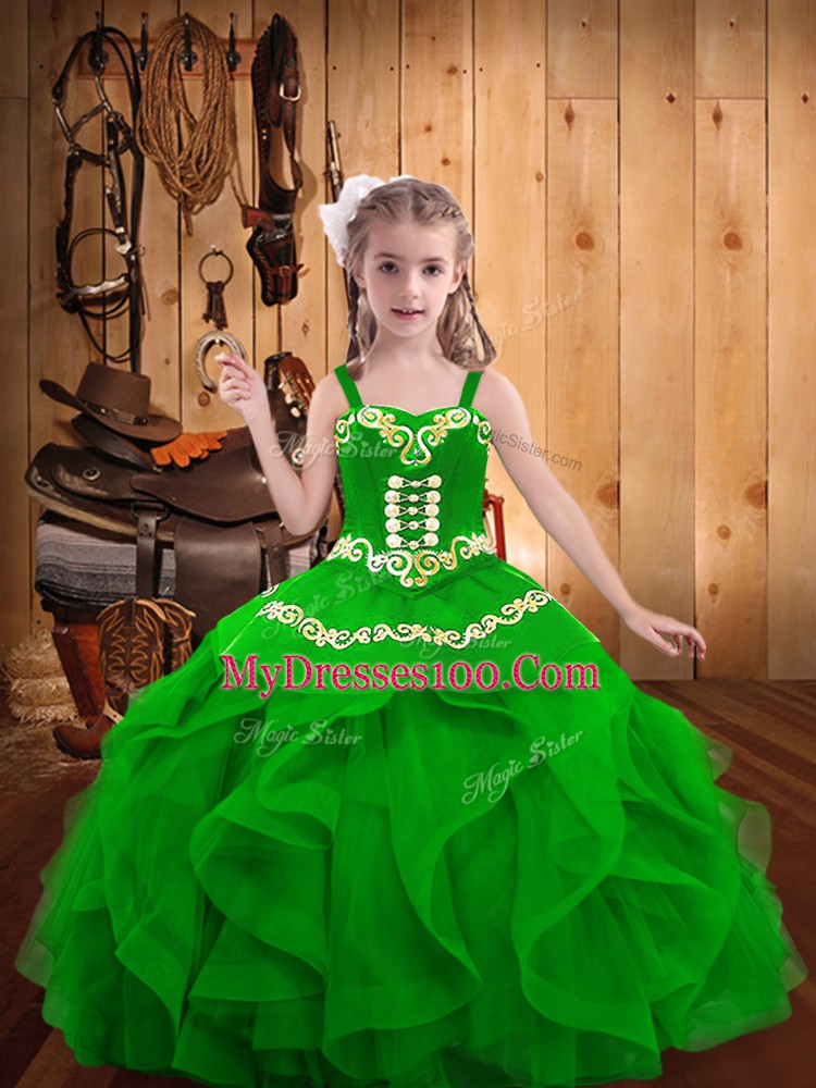 Green Little Girl Pageant Dress Sweet 16 and Quinceanera with Embroidery and Ruffles Straps Sleeveless Lace Up