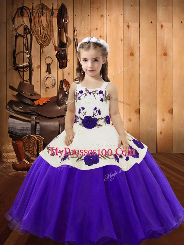 Graceful Purple Lace Up Little Girls Pageant Gowns Embroidery Sleeveless Floor Length