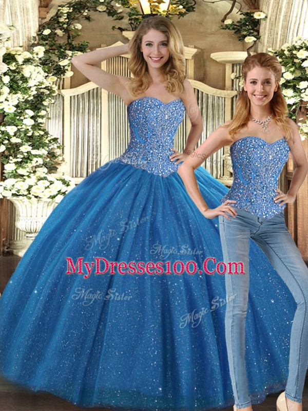 Teal Ball Gowns Beading Quinceanera Dresses Lace Up Tulle Sleeveless Floor Length
