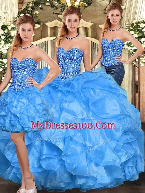 Dynamic Sleeveless Organza Floor Length Lace Up Vestidos de Quinceanera in Baby Blue with Beading and Ruffles