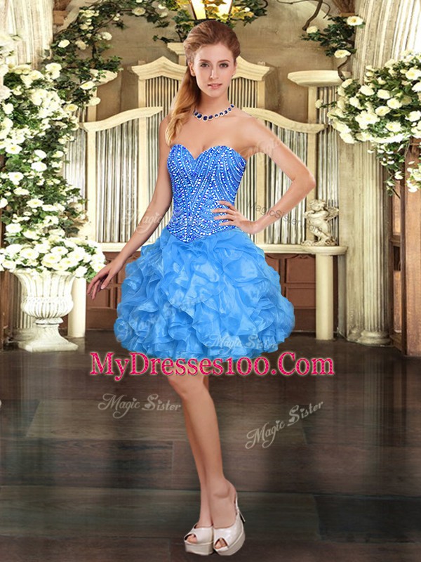 Dynamic Sleeveless Organza Floor Length Lace Up Vestidos de Quinceanera in Baby Blue with Beading and Ruffles