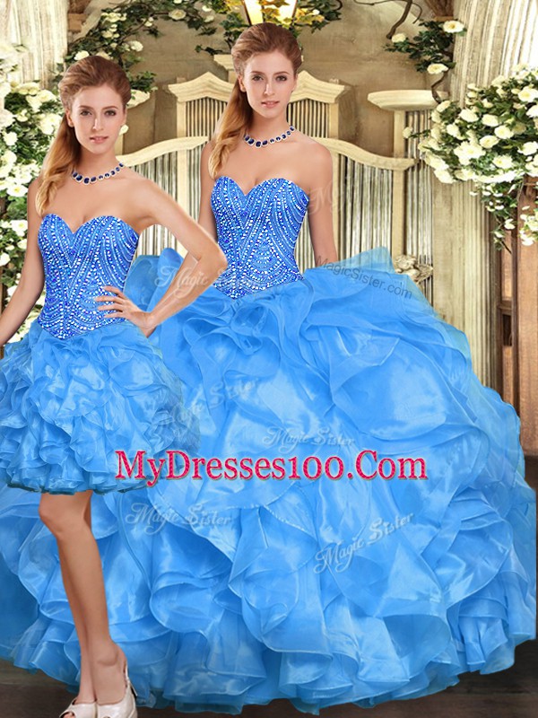 Dynamic Sleeveless Organza Floor Length Lace Up Vestidos de Quinceanera in Baby Blue with Beading and Ruffles