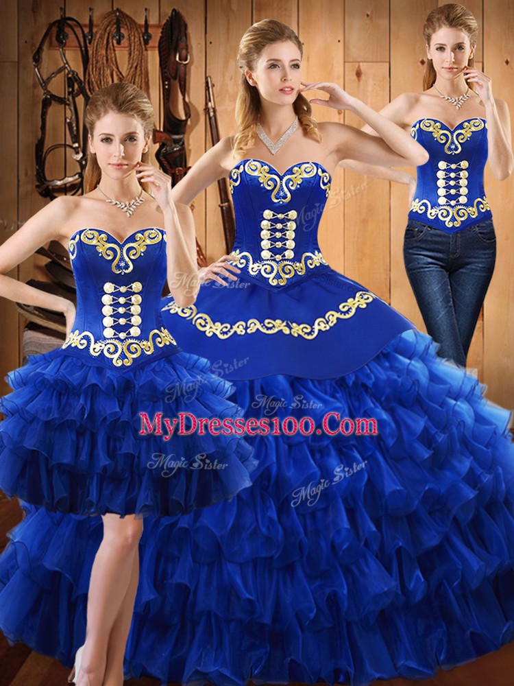 Top Selling Blue Sweetheart Neckline Embroidery and Ruffled Layers Sweet 16 Dresses Sleeveless Lace Up