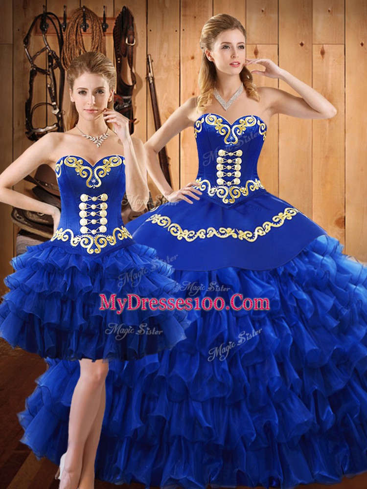 Top Selling Blue Sweetheart Neckline Embroidery and Ruffled Layers Sweet 16 Dresses Sleeveless Lace Up