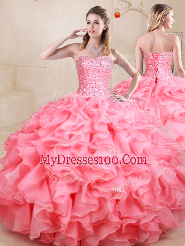 Charming Watermelon Red Sleeveless Floor Length Beading and Ruffles Lace Up Quince Ball Gowns