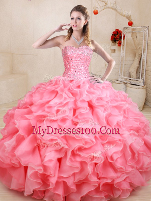 Charming Watermelon Red Sleeveless Floor Length Beading and Ruffles Lace Up Quince Ball Gowns