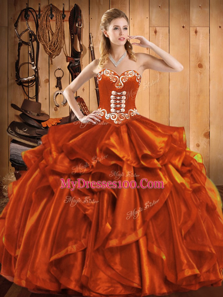 Cute Rust Red Ball Gowns Sweetheart Sleeveless Organza Floor Length Lace Up Embroidery Ball Gown Prom Dress