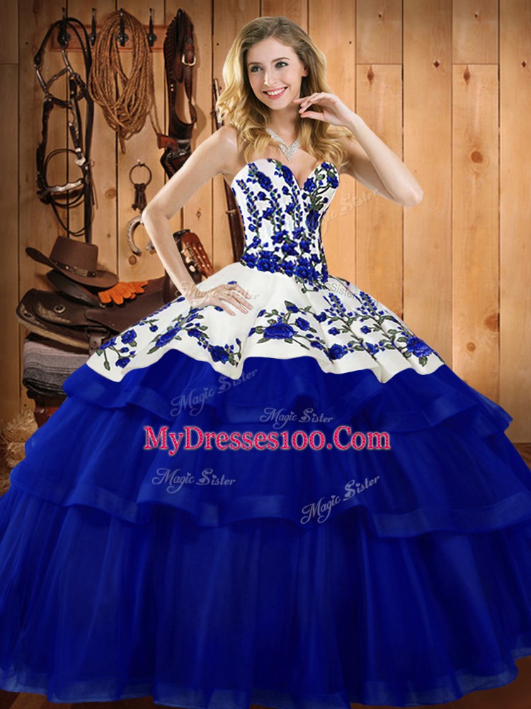 Trendy Royal Blue Sleeveless Sweep Train Embroidery 15 Quinceanera Dress