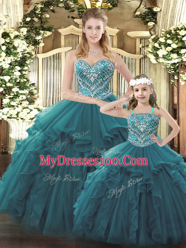 Wonderful Floor Length Teal Sweet 16 Quinceanera Dress Sweetheart Sleeveless Lace Up