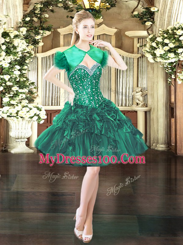 Cheap Dark Green Ball Gowns Organza Sweetheart Sleeveless Beading and Ruffles Mini Length Lace Up Prom Dress