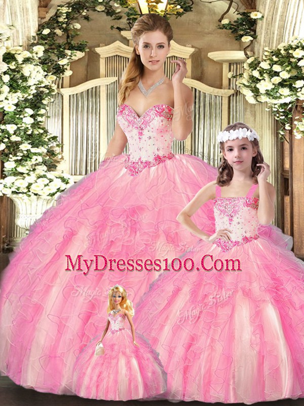 Floor Length Baby Pink Sweet 16 Quinceanera Dress Organza Sleeveless Beading and Ruffles