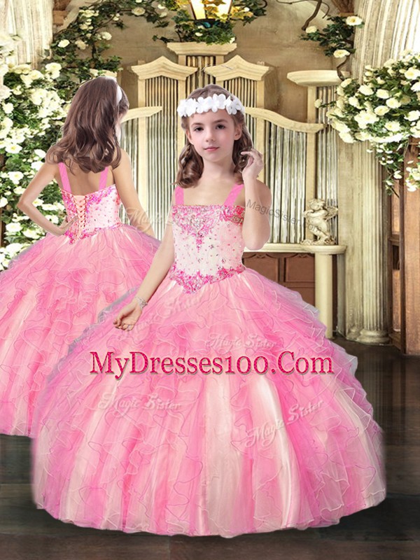 Floor Length Baby Pink Sweet 16 Quinceanera Dress Organza Sleeveless Beading and Ruffles