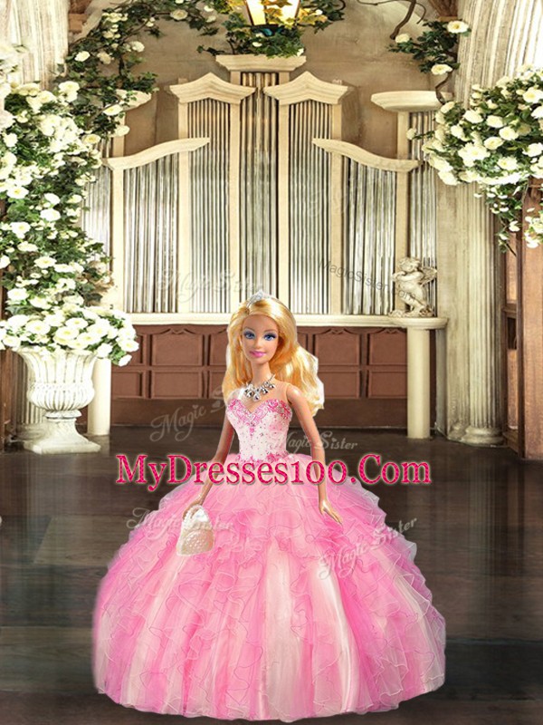 Floor Length Baby Pink Sweet 16 Quinceanera Dress Organza Sleeveless Beading and Ruffles