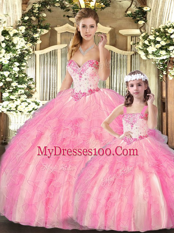 Floor Length Baby Pink Sweet 16 Quinceanera Dress Organza Sleeveless Beading and Ruffles