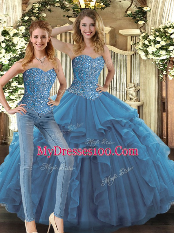 Amazing Floor Length Lace Up Quinceanera Gown Teal for Military Ball and Sweet 16 and Quinceanera with Beading and Ruffles
