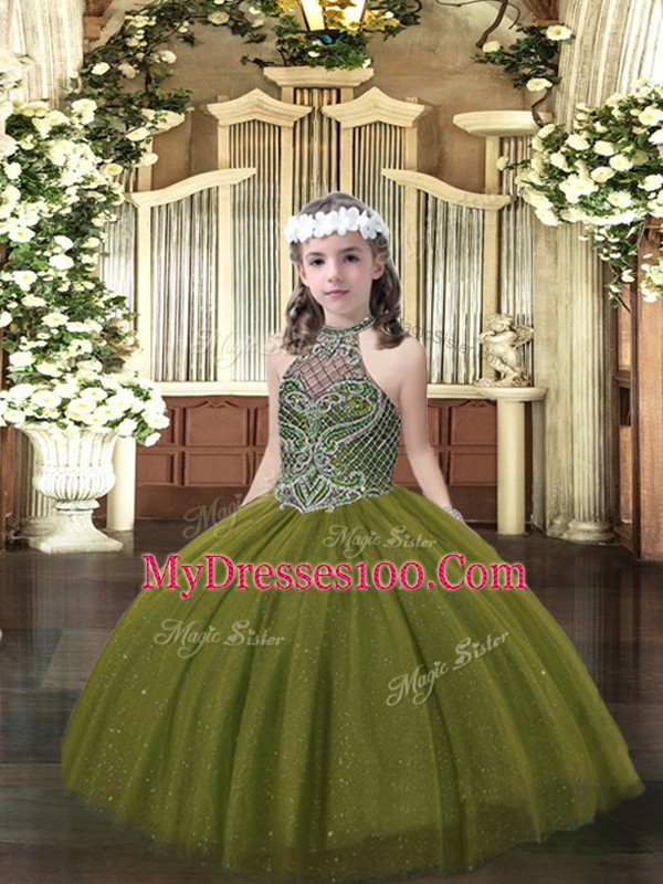 Super Olive Green Ball Gowns Beading Pageant Gowns For Girls Lace Up Tulle Sleeveless Floor Length
