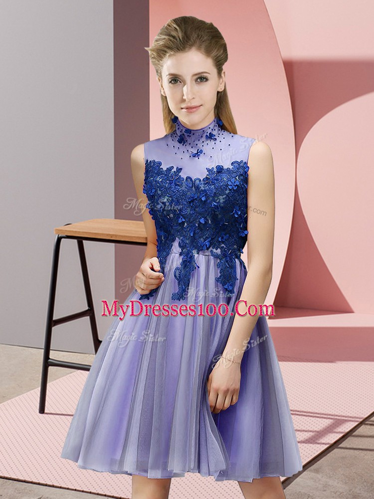 Knee Length Lavender Bridesmaid Dresses High-neck Sleeveless Lace Up