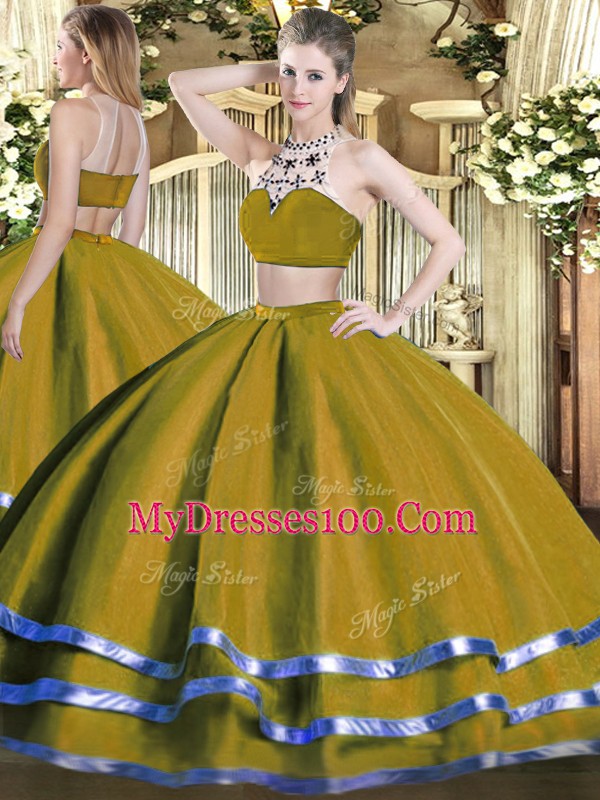 Olive Green High-neck Neckline Beading Quince Ball Gowns Sleeveless Backless